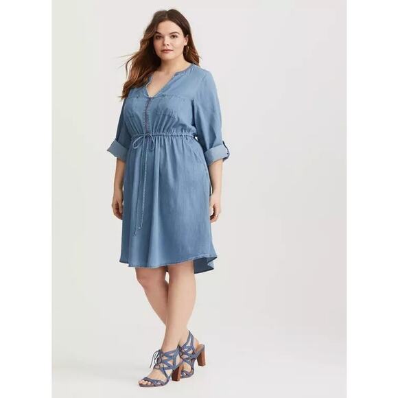 Torrid Lyocel Chambray Shirt Dress 2X Split Neck Utility Pockets Denim Utility - Picture 2 of 11